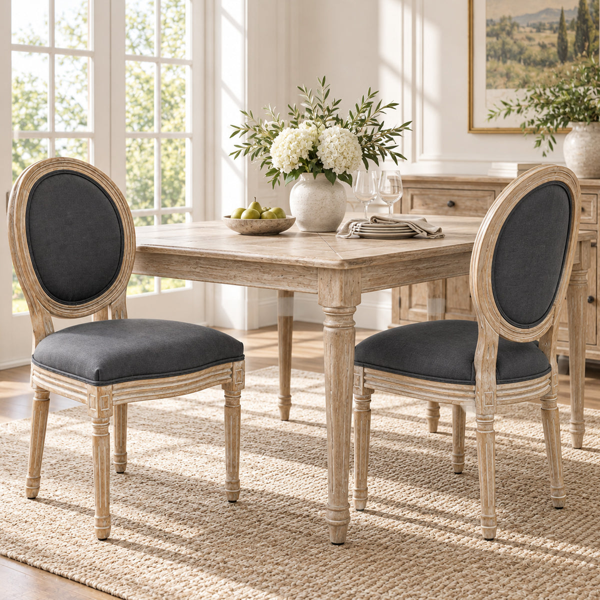 Eetkamerstoelen set van 2 keukenstoel met rugleuning, linnenlook voor eettafel, grijs+natuur (2)