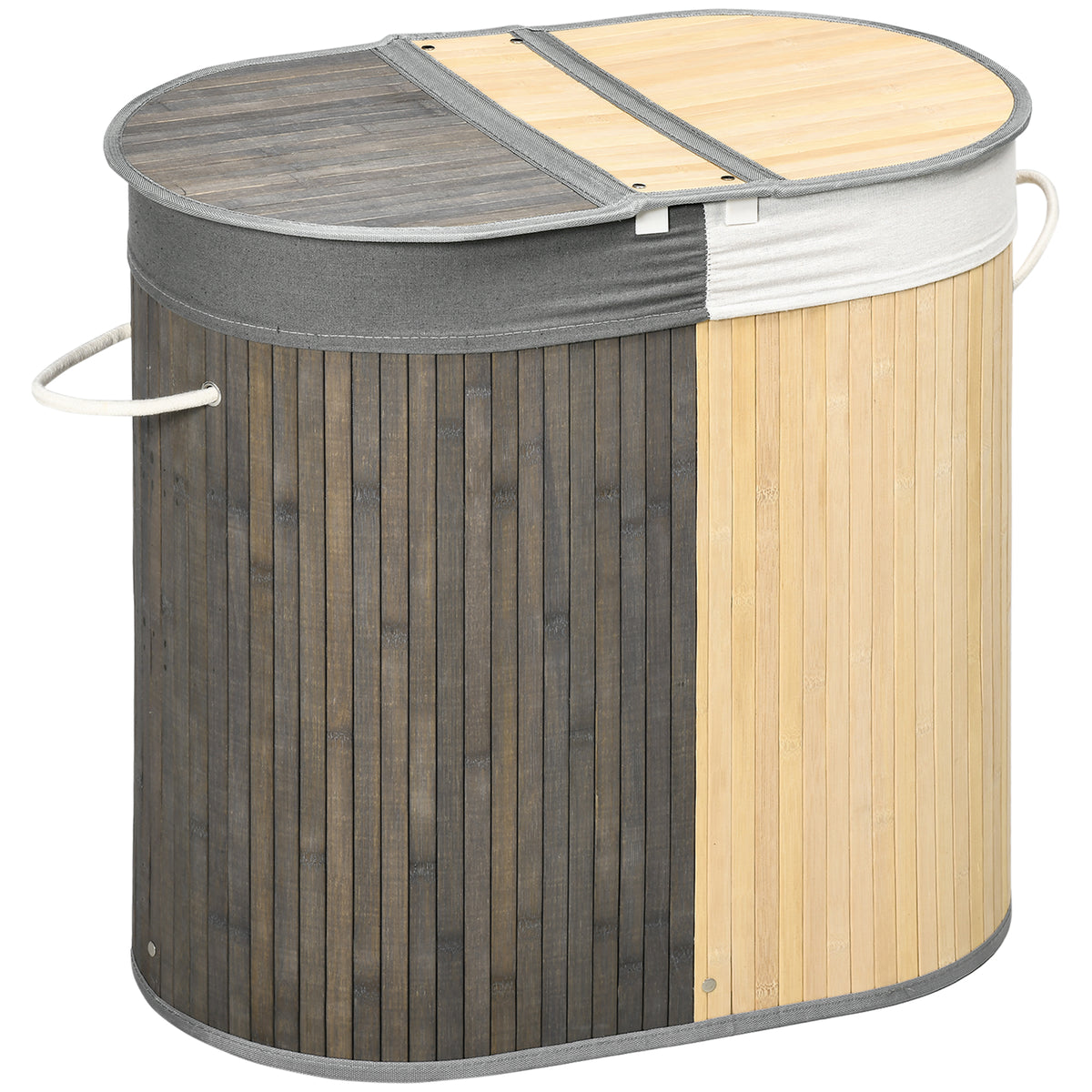 100 L wasmand met deksel, handvat, 2 vakken, uitneembare waszak, voor slaapkamer, bamboe grijs+natuurlijk