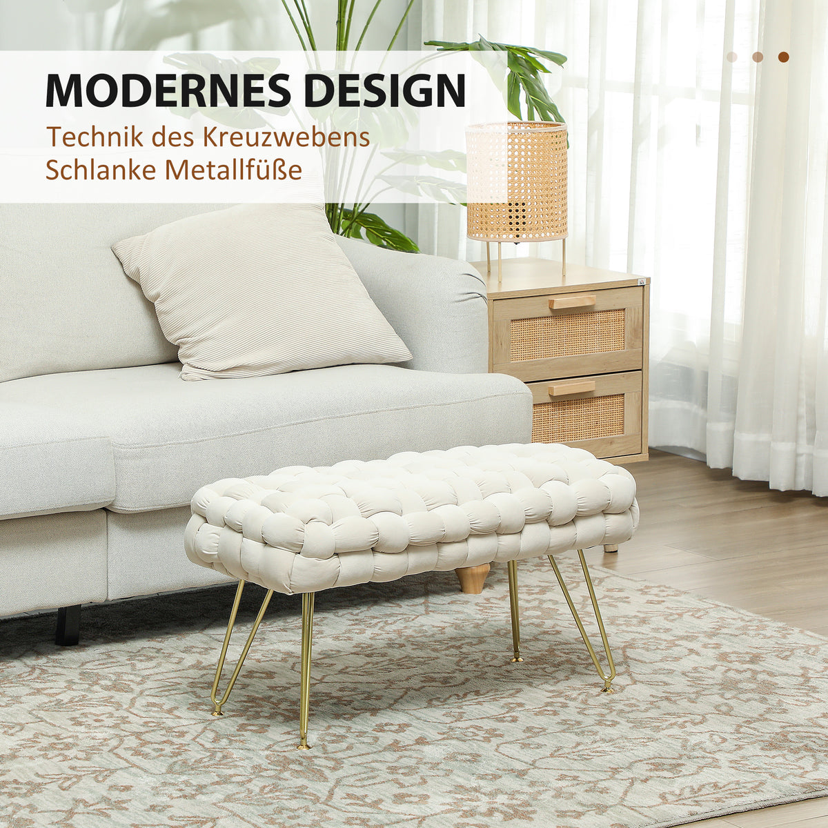 Moderne poef met metalen poten, gestoffeerde zitting, voor woonkamer, slaapkamer, hal, crèmewit (4)