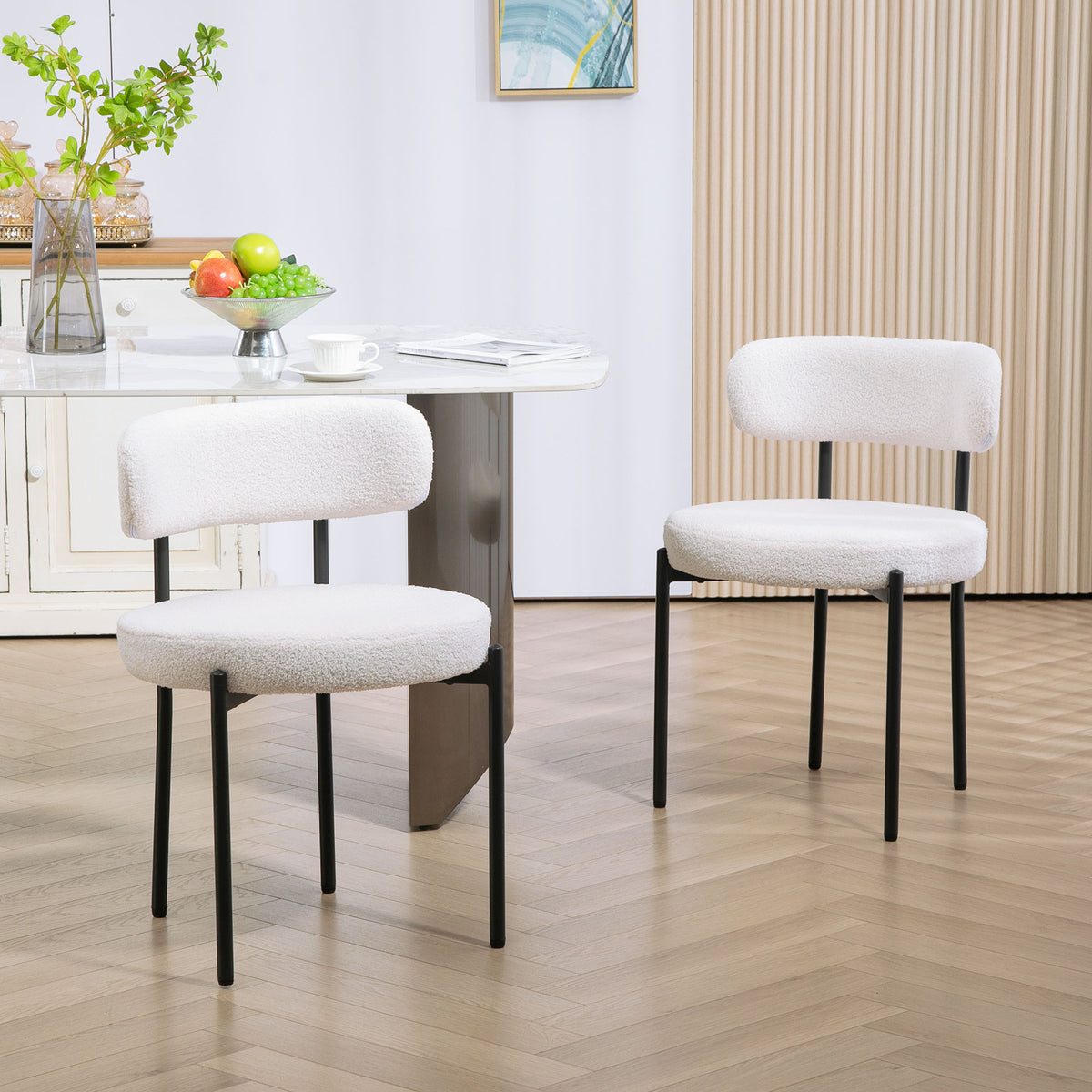 Set van 2 eetkamerstoelen, fleece bekleding, stoelen met gestoffeerde zitting, metalen poten, crèmewit (2)
