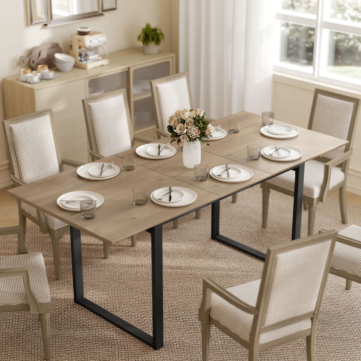 Uitschuifbare eettafel voor 6-8 personen, 140-180 cm, rechthoekige keukentafel met stalen onderstel, naturel (2)