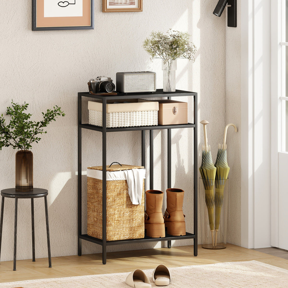 Sidetable met 3 niveaus, smalle haltafel met stalen frame voor woonkamer, gang, 55 cm, zwart (2)
