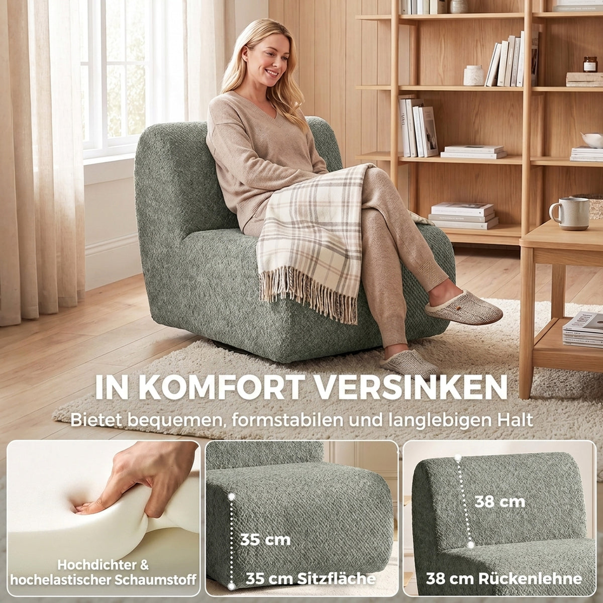 Fauteuil Draaibare loungefauteuil met chenille-look, brede zitting, voor woonkamer, slaapkamer, grijs (4)