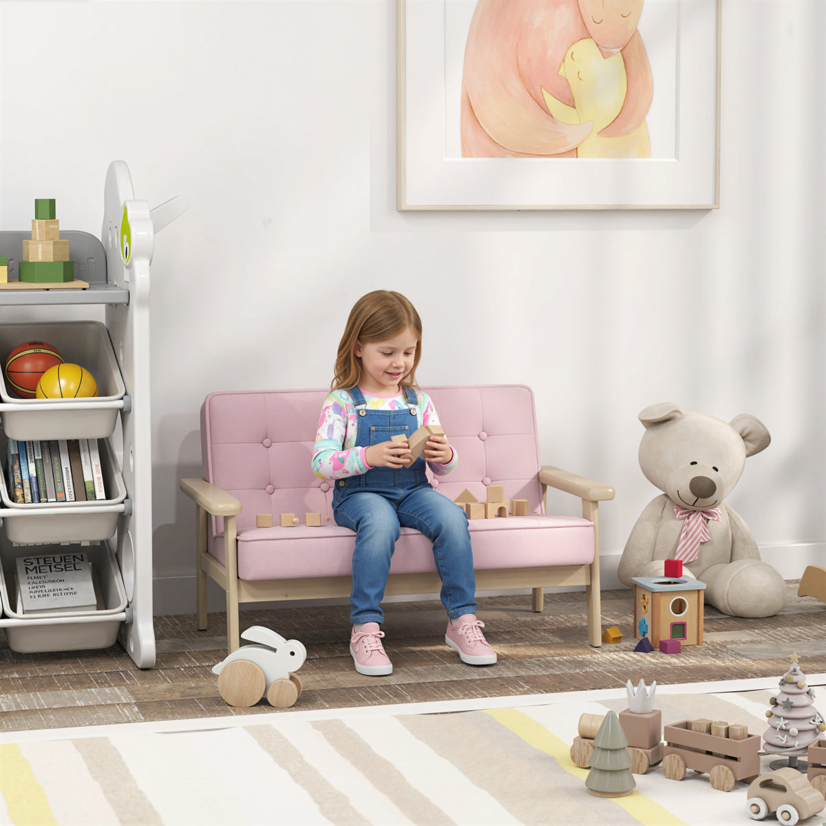 Kinderfauteuil, kinderbank met houten frame, fluweeloptiek, gestoffeerd, voor kinderen van 3-8 jaar roze (2)