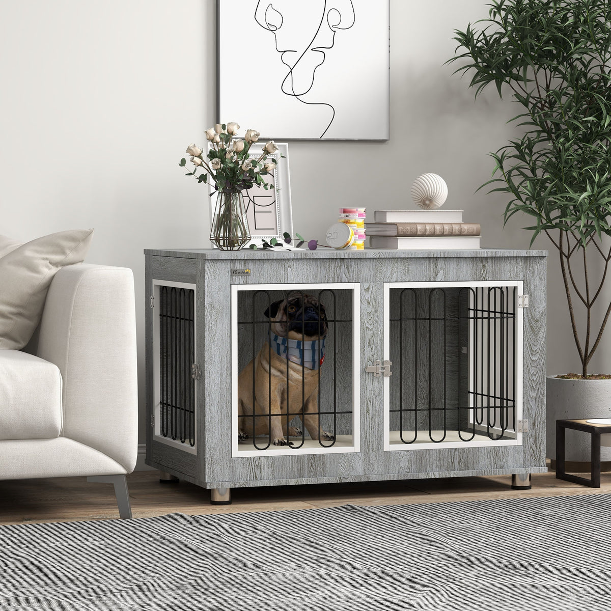 Hondenbench hondenkooi wasbaar kussen, 2 grendels, 90 cm x 58 cm x 65 cm, grijs (2)