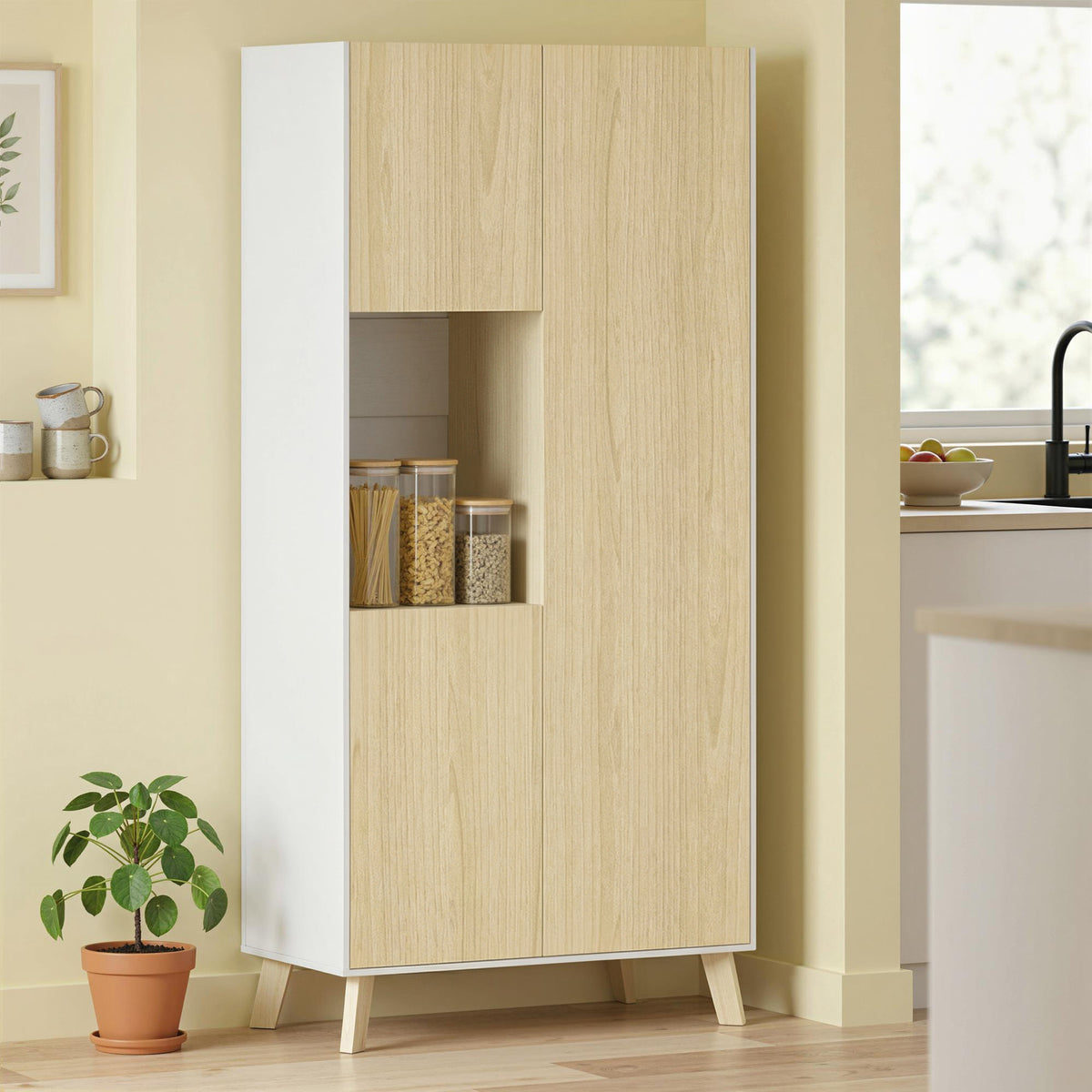 170 cm keukenkast, moderne kast met open vak, verstelbare legplanken, natuurlijke houtlook (2)