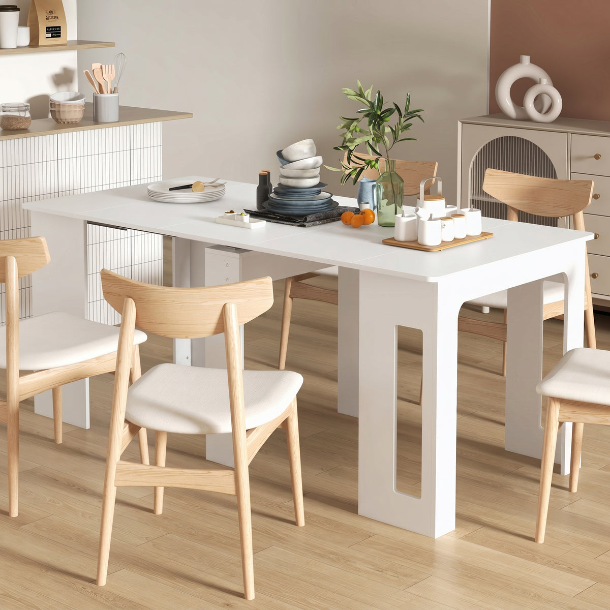 Eettafel, klaptafel, uitschuifbare keukentafel, eetkamertafel, spaanplaat, 60-180 x 85 x 75 cm, wit (2)