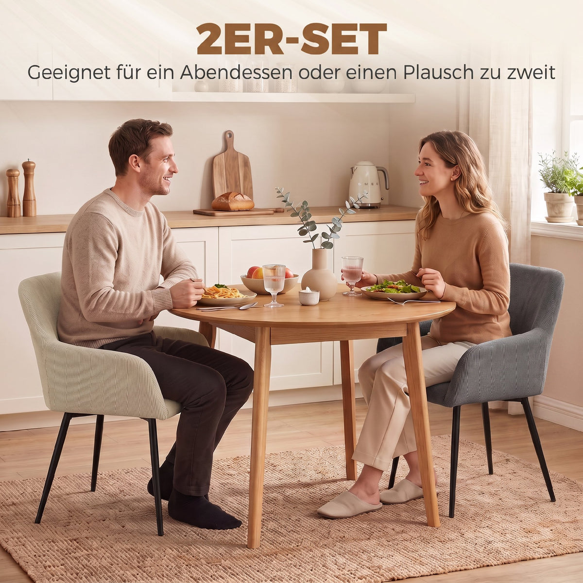 Eetkamerstoelen set van 2, gestoffeerde keukenstoelen met metalen poten, crèmewit (4)
