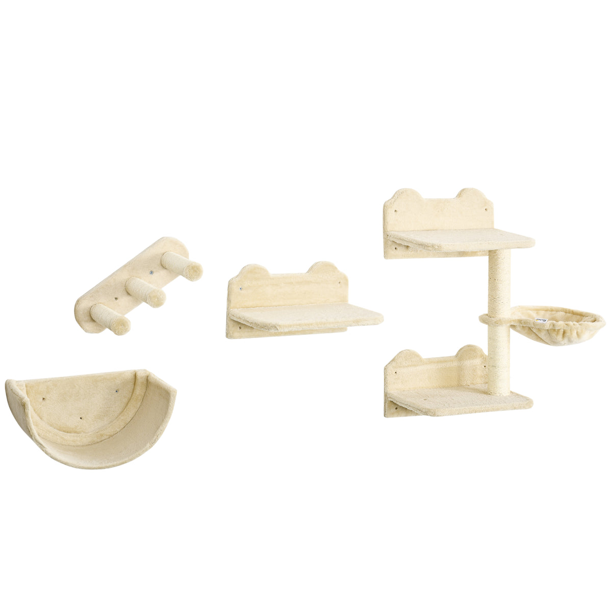 Klimwandset voor katten, 4-delig, met kattentrap, hangmat, platform en krabpaal, beige