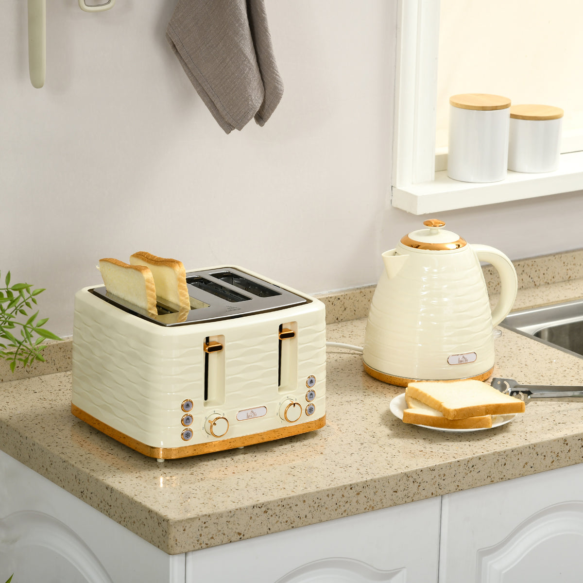 2-in-1 broodrooster- en waterkokerset, 7 bruiningsstanden, ontdooi- en opwarmfunctie, beige (2)