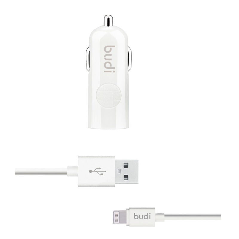Budi - USB-autolader + Lightning-kabel (wit)