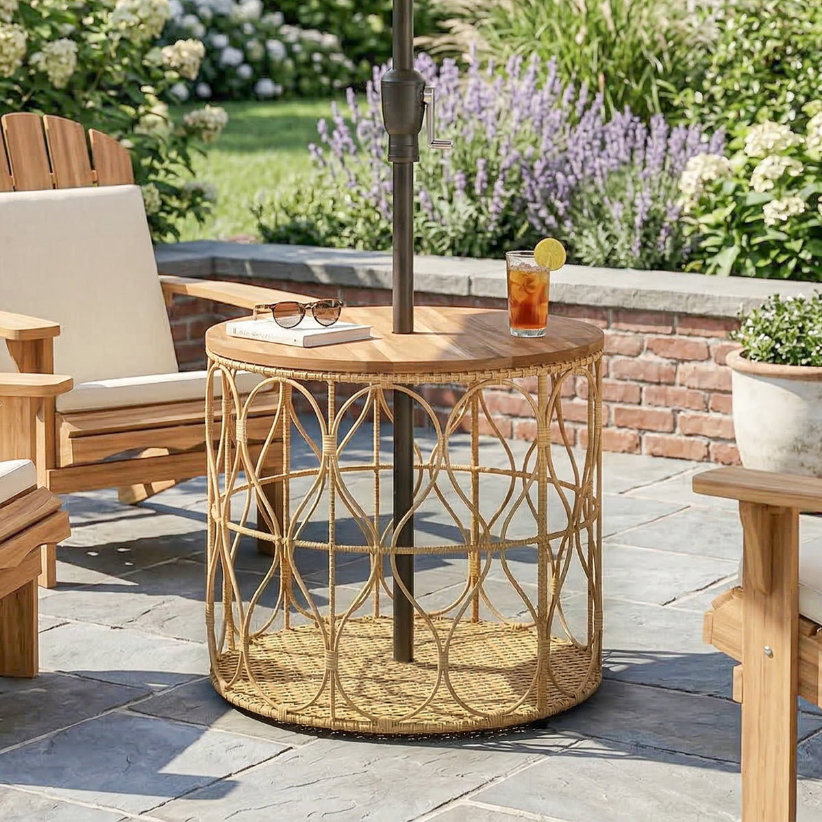 Bijzettafel Ø50 cm weerbestendige tuintafel met rotanlook, acaciahouten blad en verstelbare poten, teak (2)