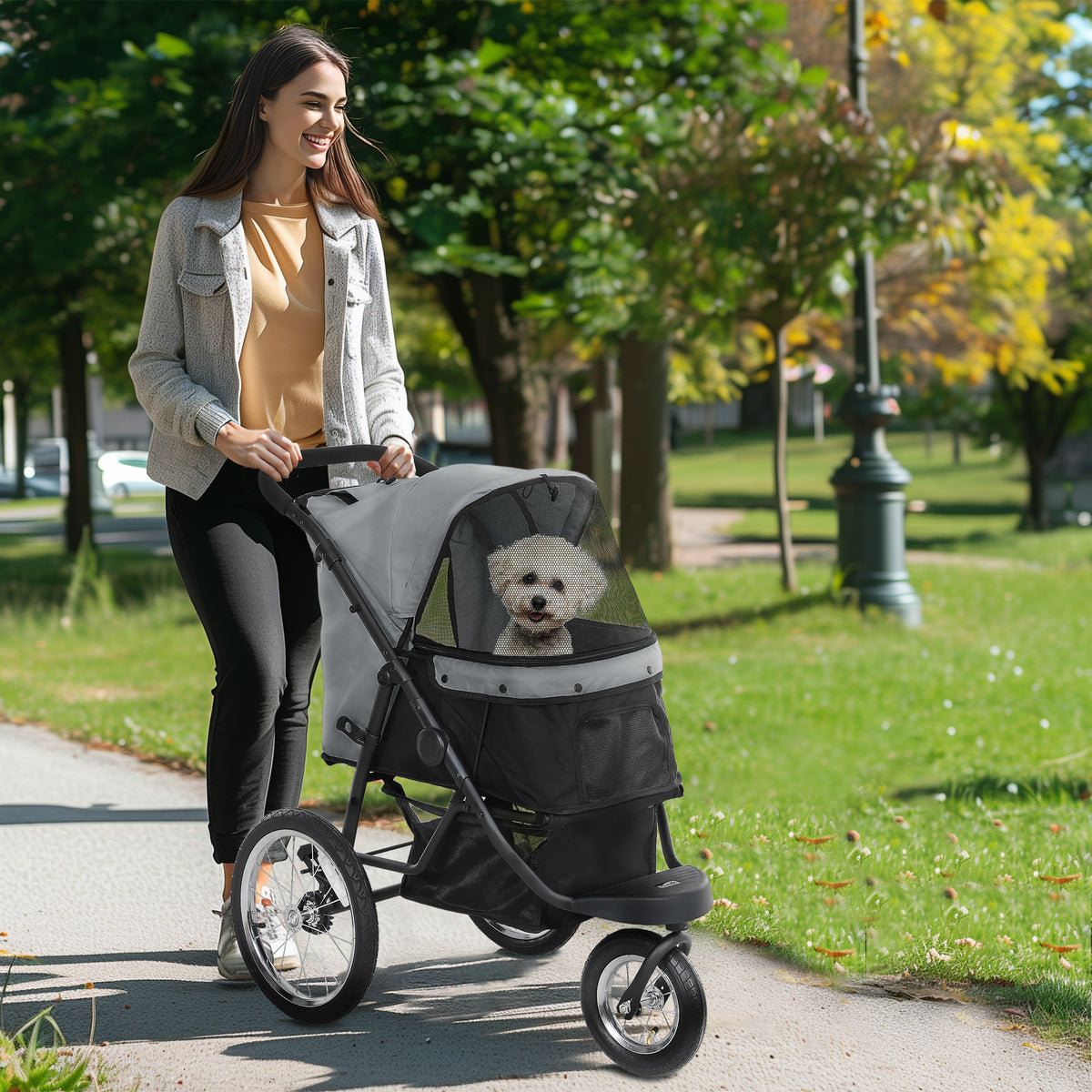 Hondenbuggy, huisdierenwagen voor kleine honden en katten, met opbergmand, opvouwbaar met één klik, grijs (2)