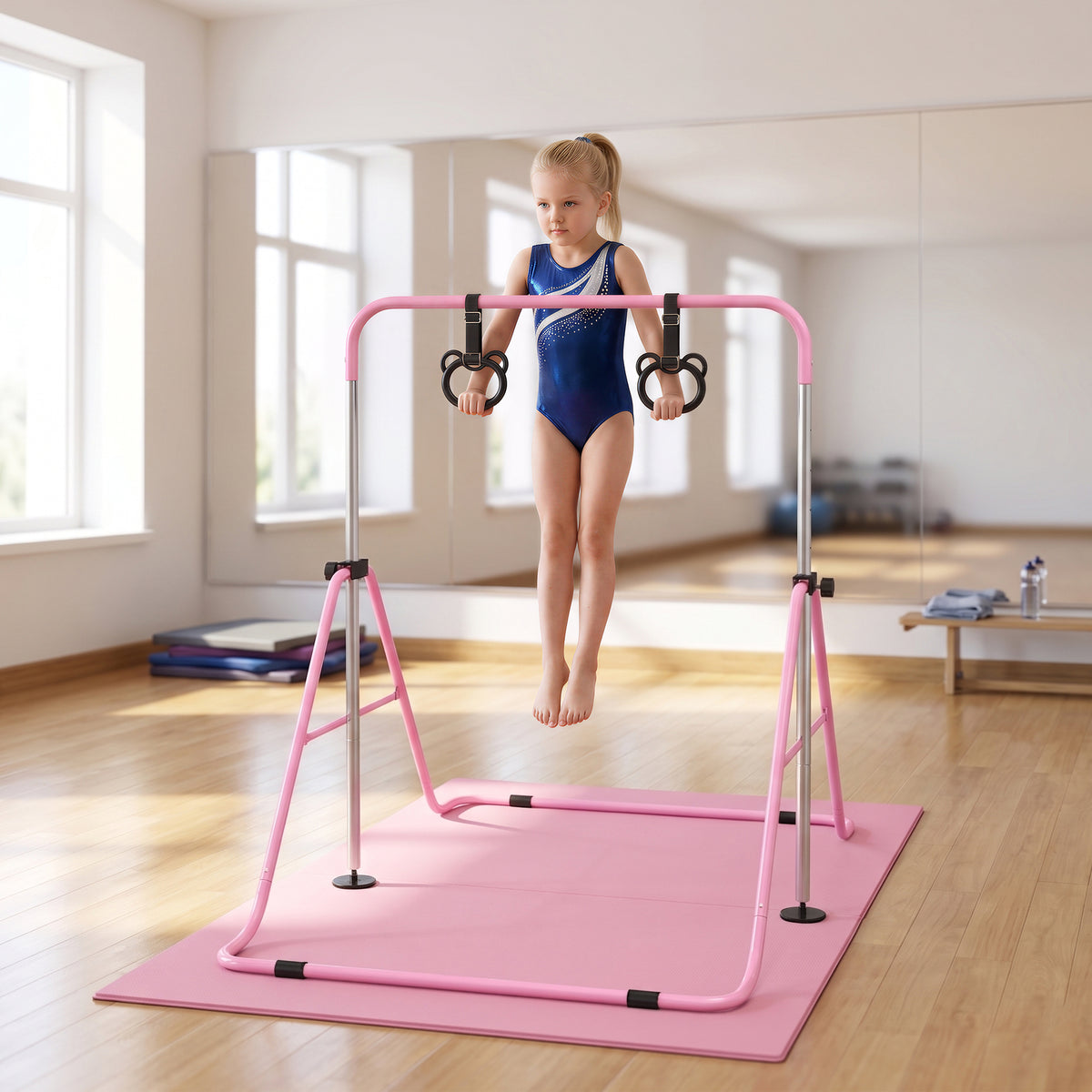 Turnstang voor kinderen met ringen, in hoogte verstelbaar, inklapbaar, antislip, stalen frame, 148x105x88-128 cm (2)