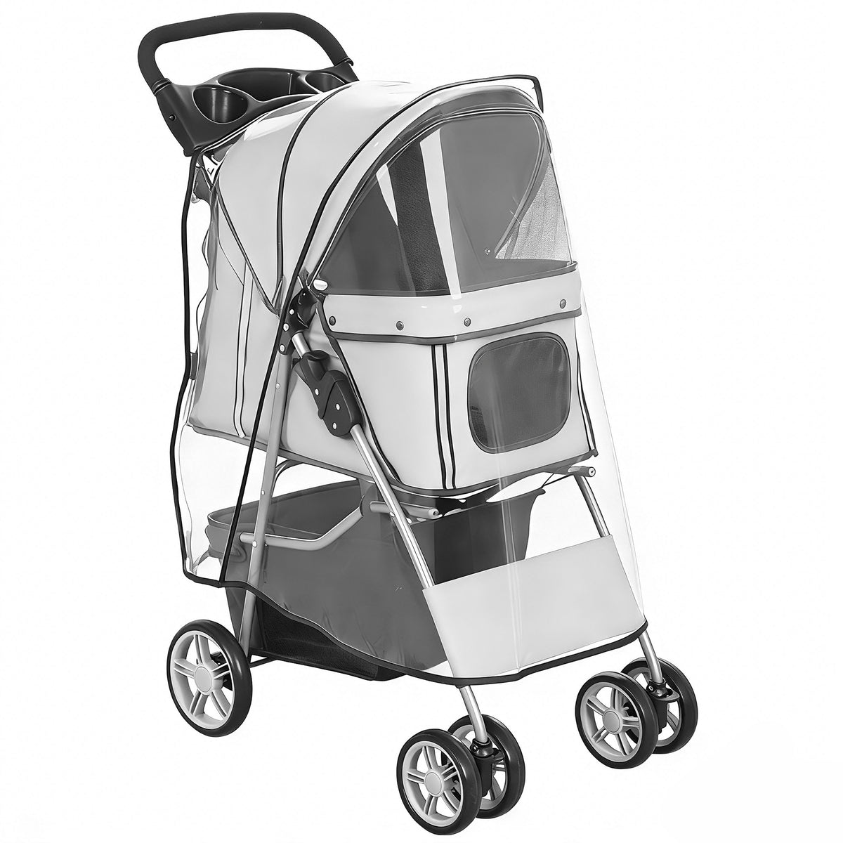 Hondenwagen hondenbuggy inklapbaar kattenwagen tot 10 kg met regenhoes reflectiestrepen opbergmand 77x44x102cm