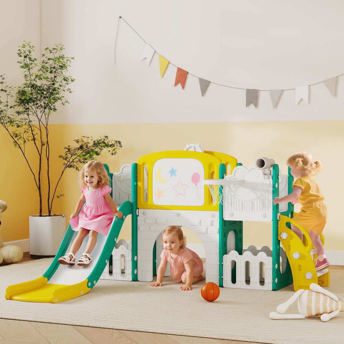 7-in-1 glijbaanset voor peuters, basketbalring, kikkerontwerp, klimrek, schommelzitje, voor binnen en buiten (2)