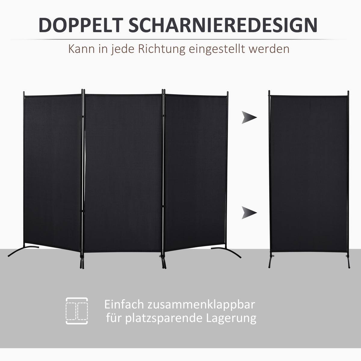 Ruimteverdeler, 3-delig privacyscherm, scheidingswand met metalen frame, zwart (4)