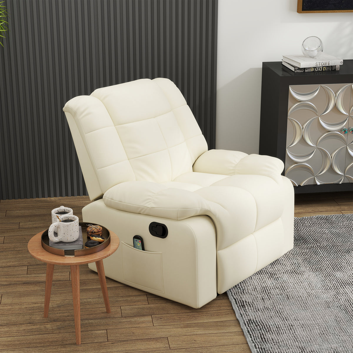 Massagestoel, relaxfauteuil, 8 vibratiepunten, ligfunctie, kunstleer, crèmewit, 94x99x99cm (2)