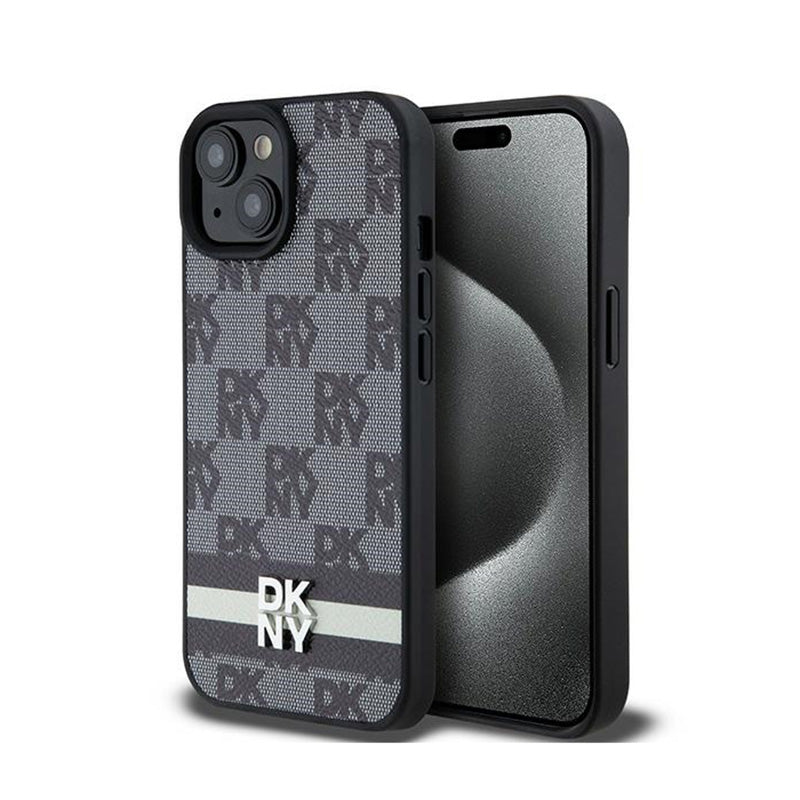 DKNY Lederen Tasje met Ruitjespatroon & Geprinte Strepen - hoesje voor iPhone 15 / 14 / 13 (zwart)