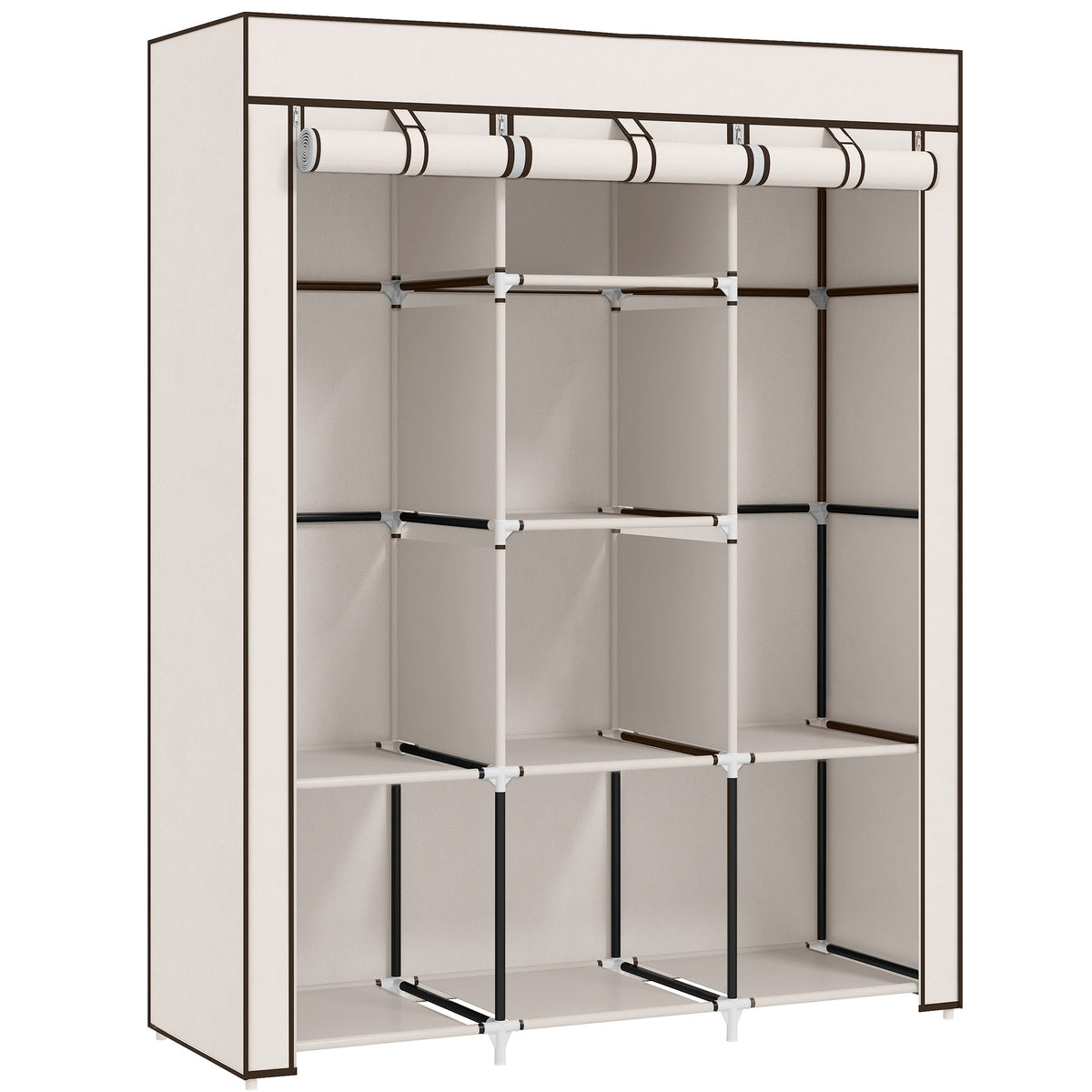 Stoffkast, opbergoplossing, 8 planken, 2 kledingroedes, crèmewit