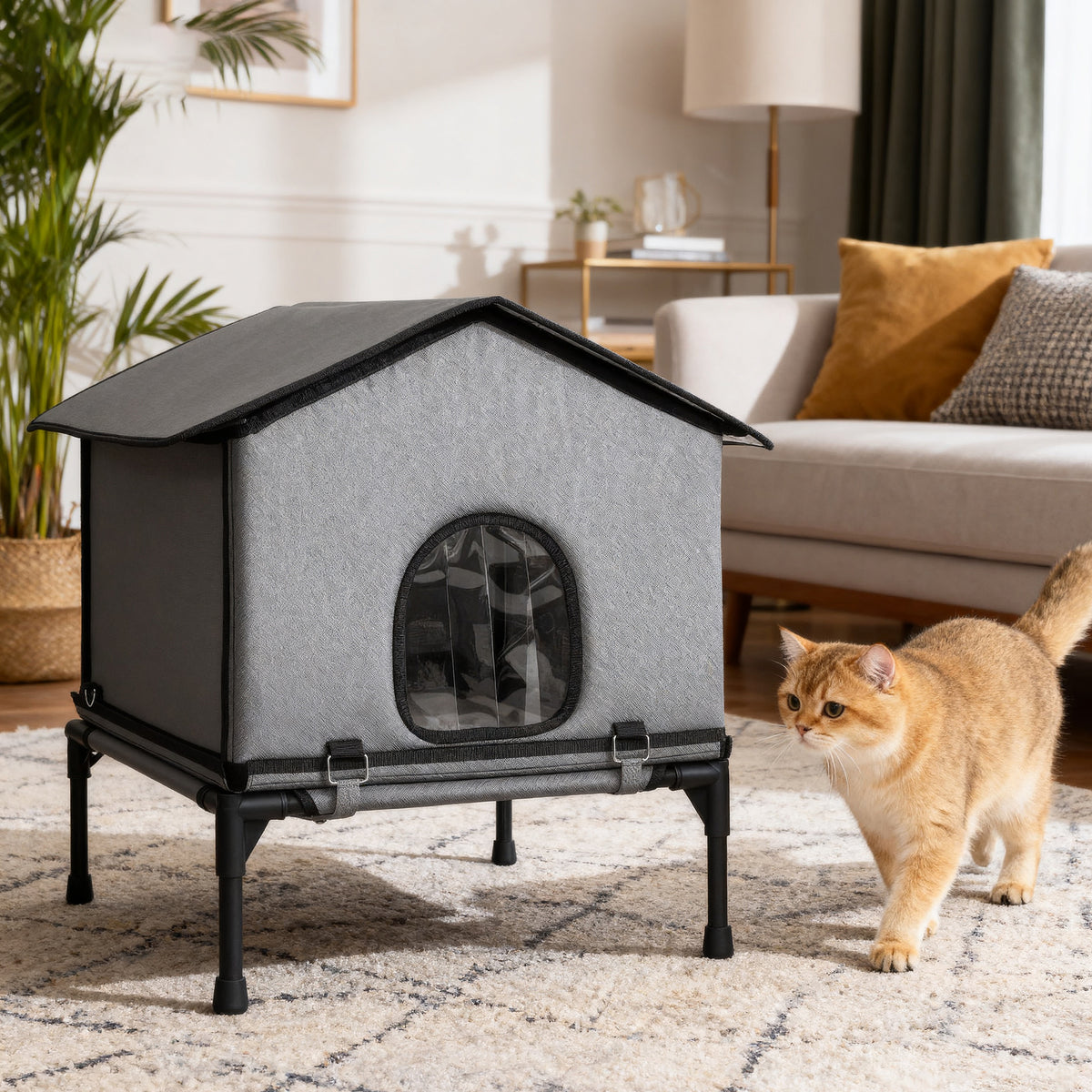 Opvouwbaar kattenhuis, kattenhut met kussen, verhoogd, waterafstotende kattenhol 62 x 58,5 x 60 cm, grijs (2)