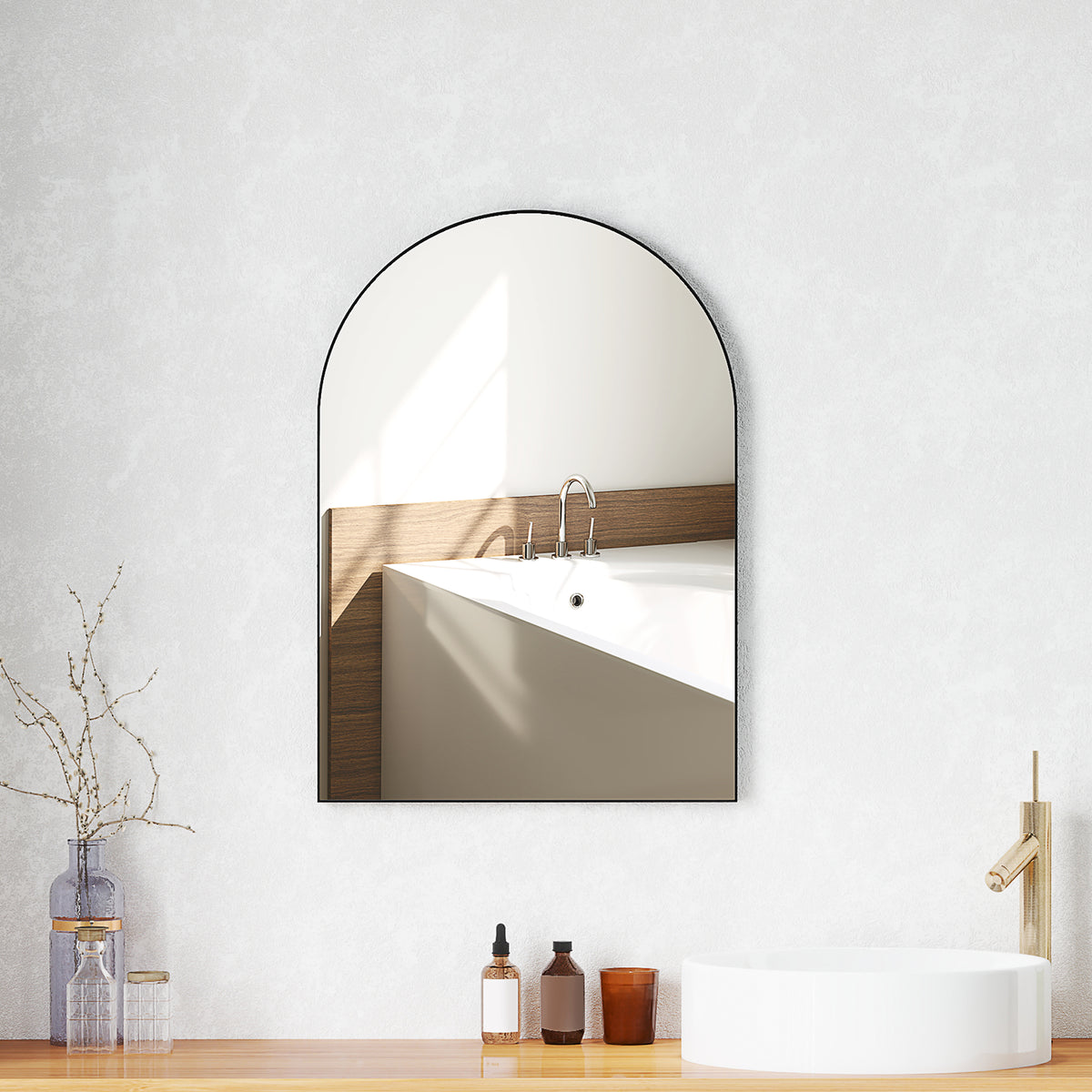 Gebogen badkamerspiegel, 50 x 70 cm, badkamerspiegel met aluminium frame, decoratieve spiegel, keuken, zwart (2)