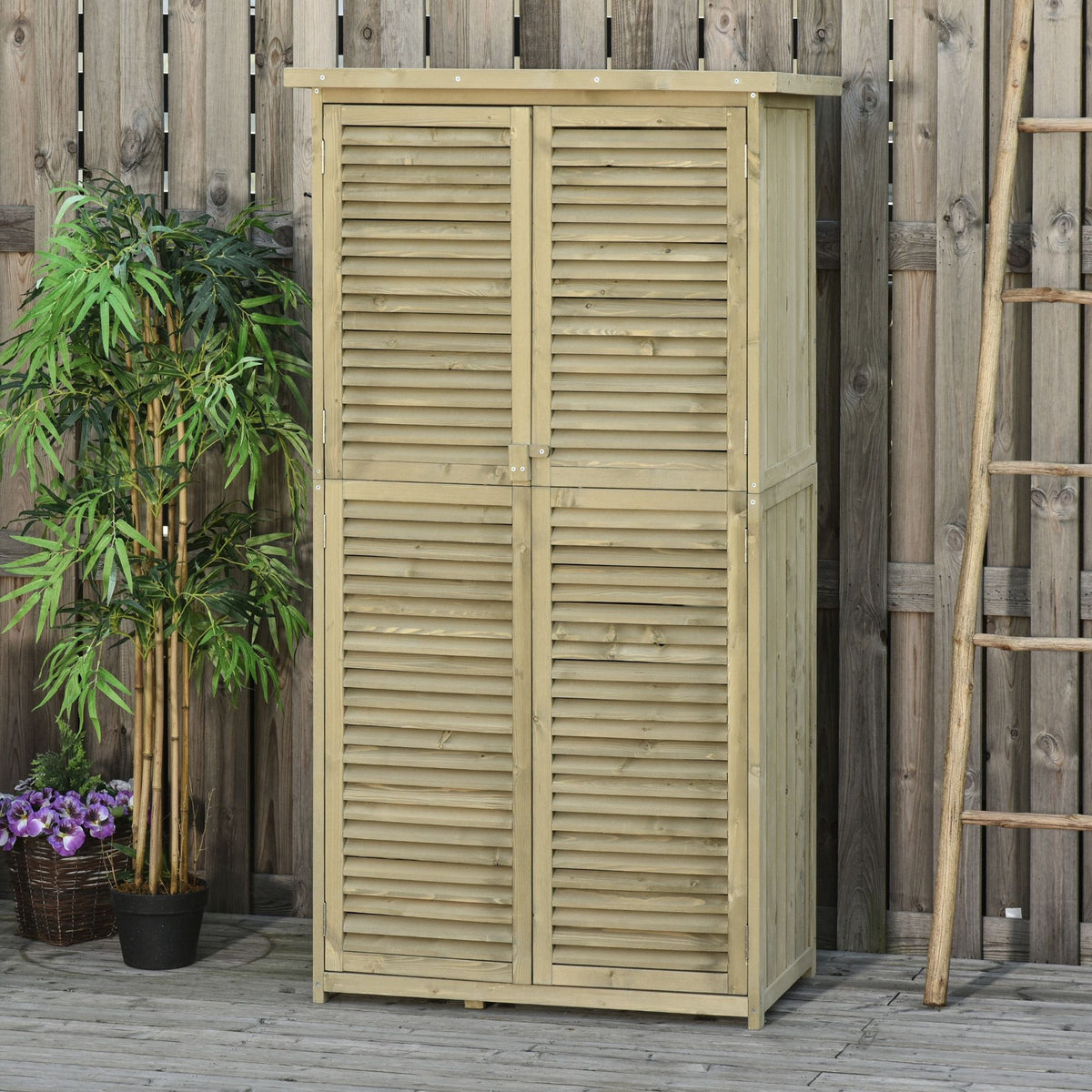 Tuinkast hout schuin asfalt dak vergrendelbare deuren waterbestendig vrije ventilatie houtkleurig 87 x 46,5 x (2)