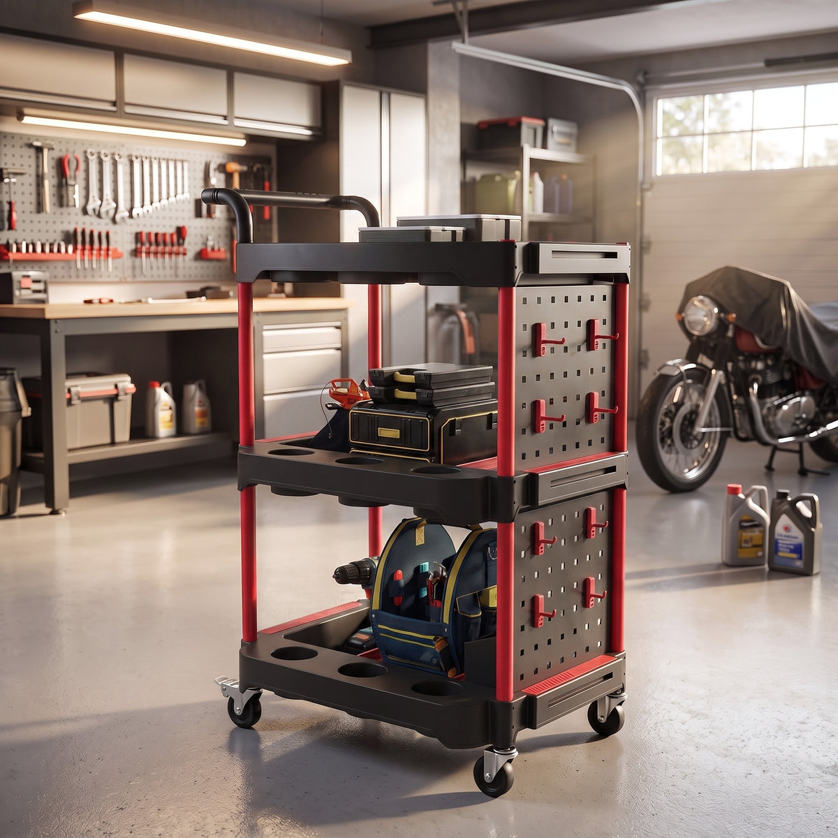 Gereedschapswagen met 3 niveaus, geperforeerde wand en haken, verrijdbare werkplaatswagen met remmen, zwart/rood (2)