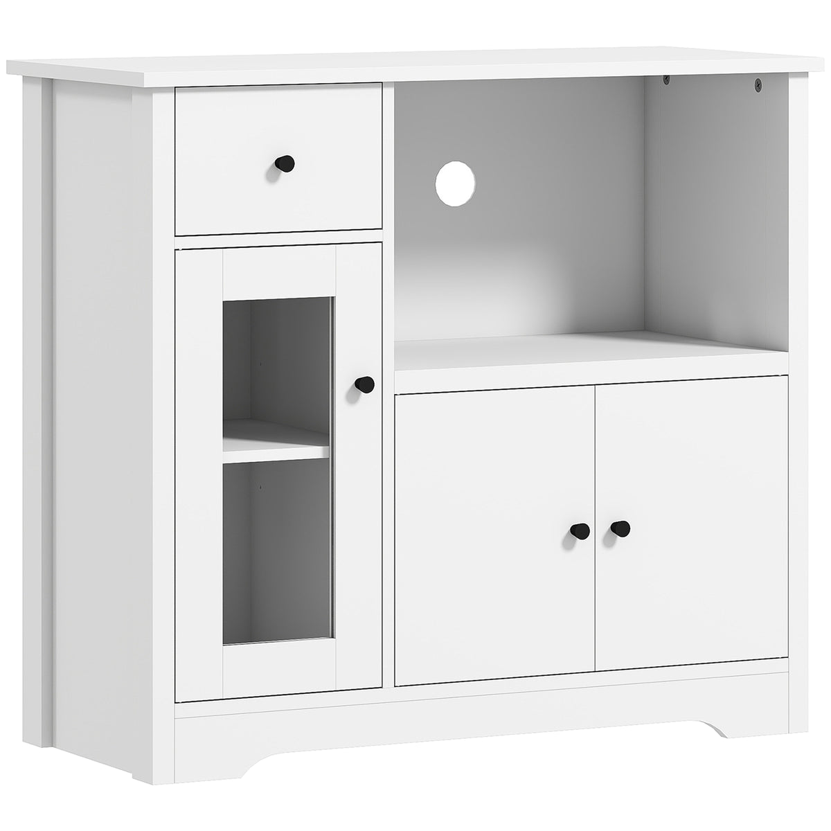 Keukenkast met kabelgat, commode met 2 kasten, open vak, lade, 80 x 35 x 72,2 cm, spaanplaat, wit