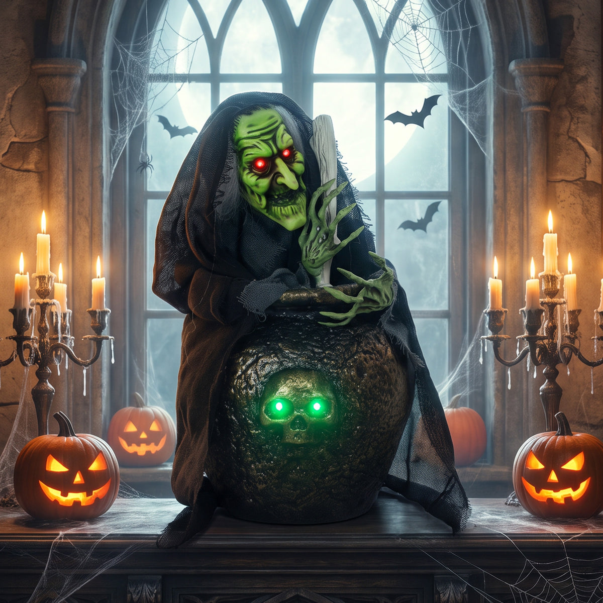 Geanimeerde Halloween-tafelheks met lachgeluid, oplichtende ogen en geluids-/aanraakactivering (2)