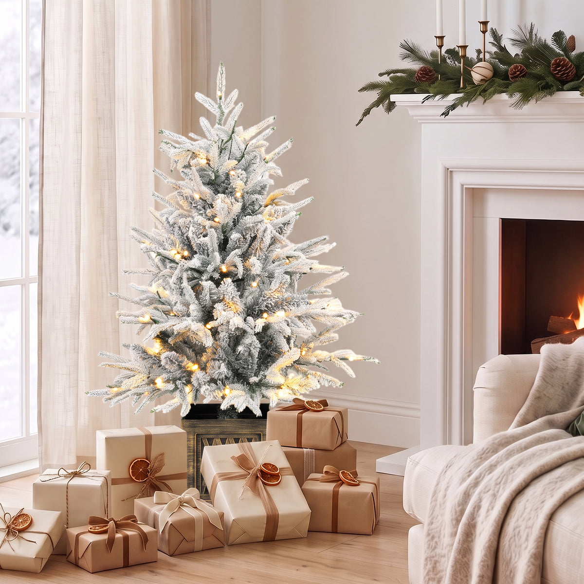 Tafelkerstboom 90 cm, voorverlicht, besneeuwd, kunst, 70 warmwitte leds, 488 punten, groen (2)