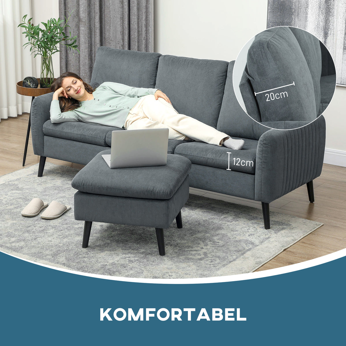 Hoekbank, 3-zitsbank met voetenbank, stoffen bekleding, L-vormige bankset, donkergrijs (7)