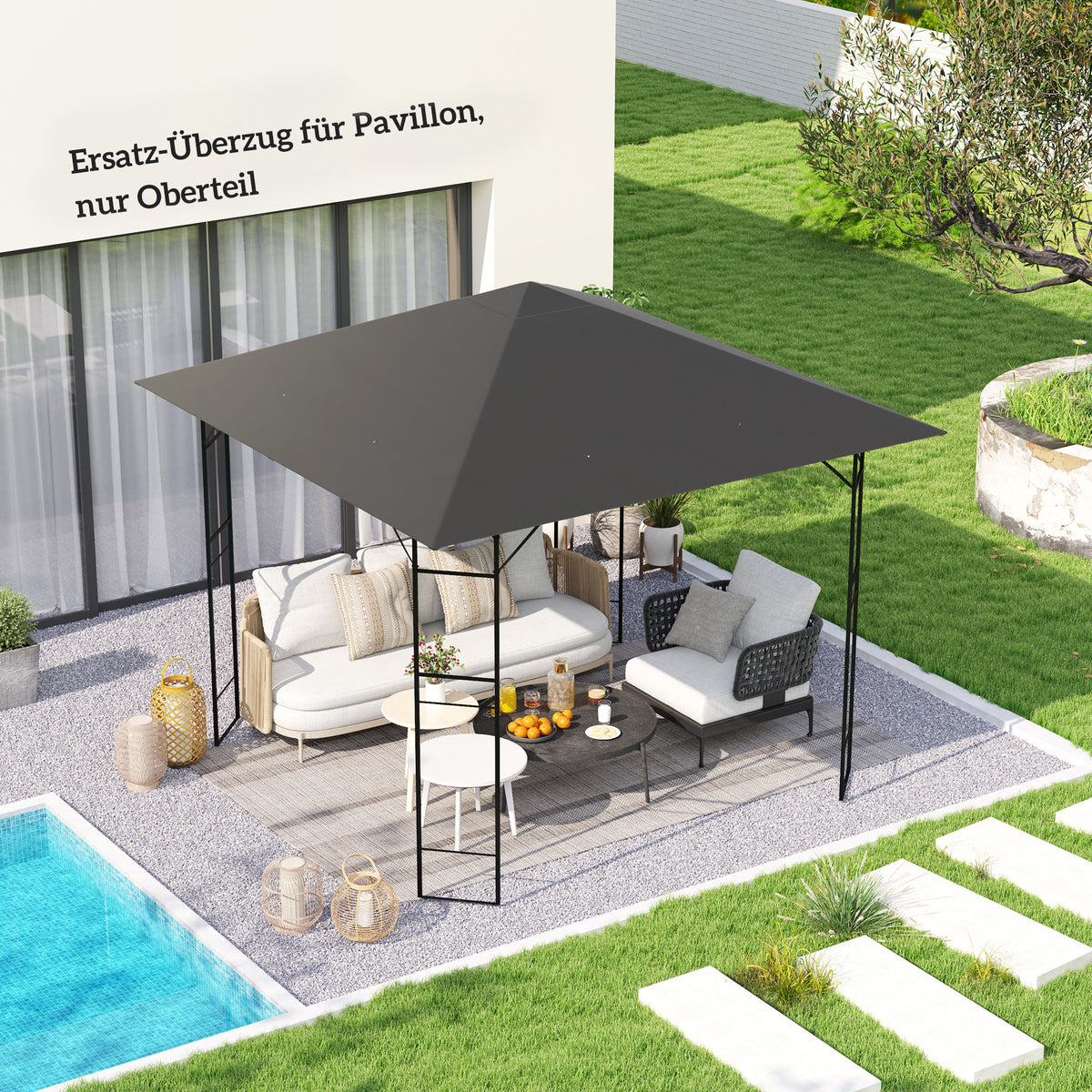 Vervangend dak voor paviljoen 3 x 3 m waterafstotend paviljoendak UPF30+ vervangende hoes Oxford-stof, 370 g/m² (2)