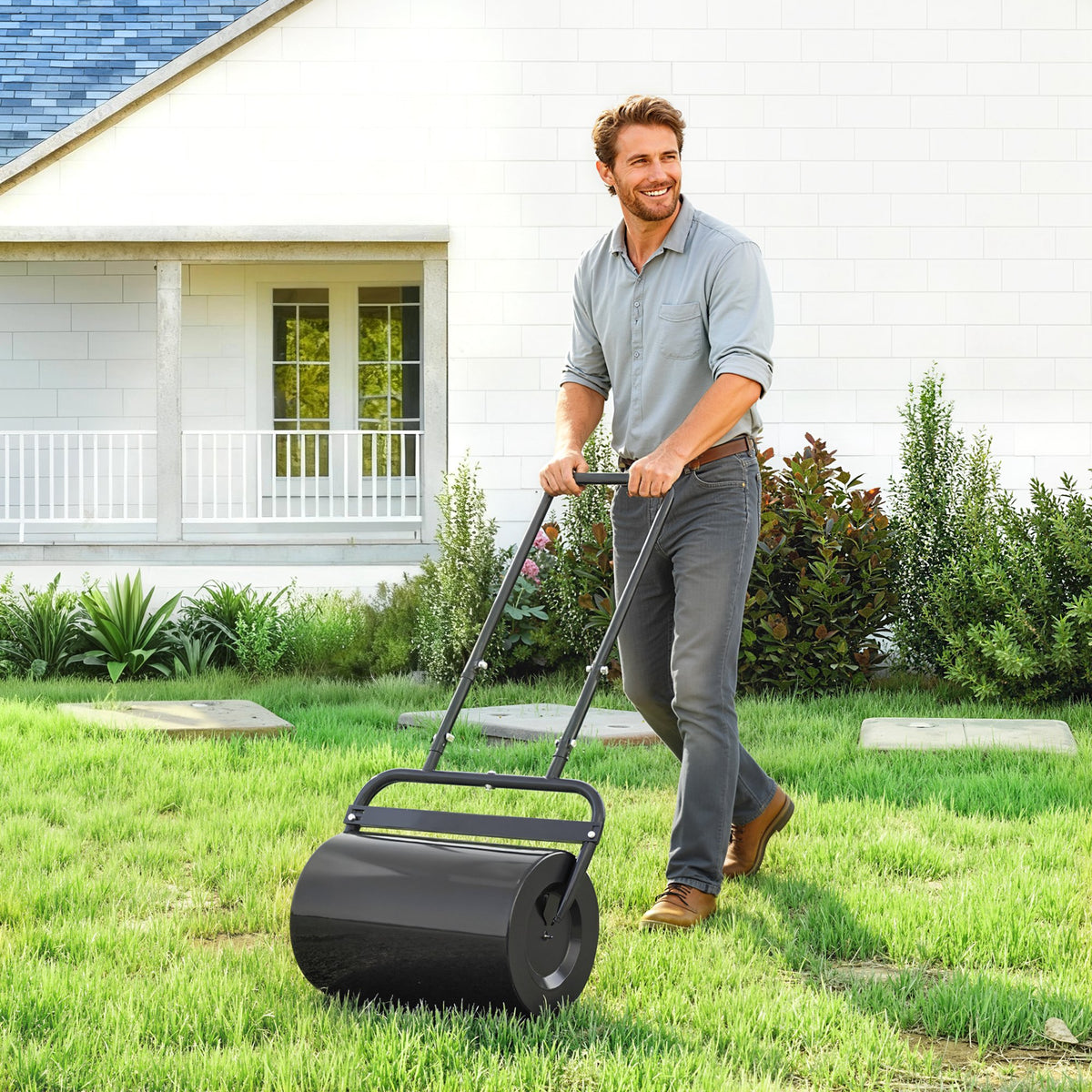 Gazonwals met U-handgreep, tuinwals, tuinroller, 32 cm diameter, 38 l water/62 kg zand, metaal, zwart, 58 x 32,5 (2)