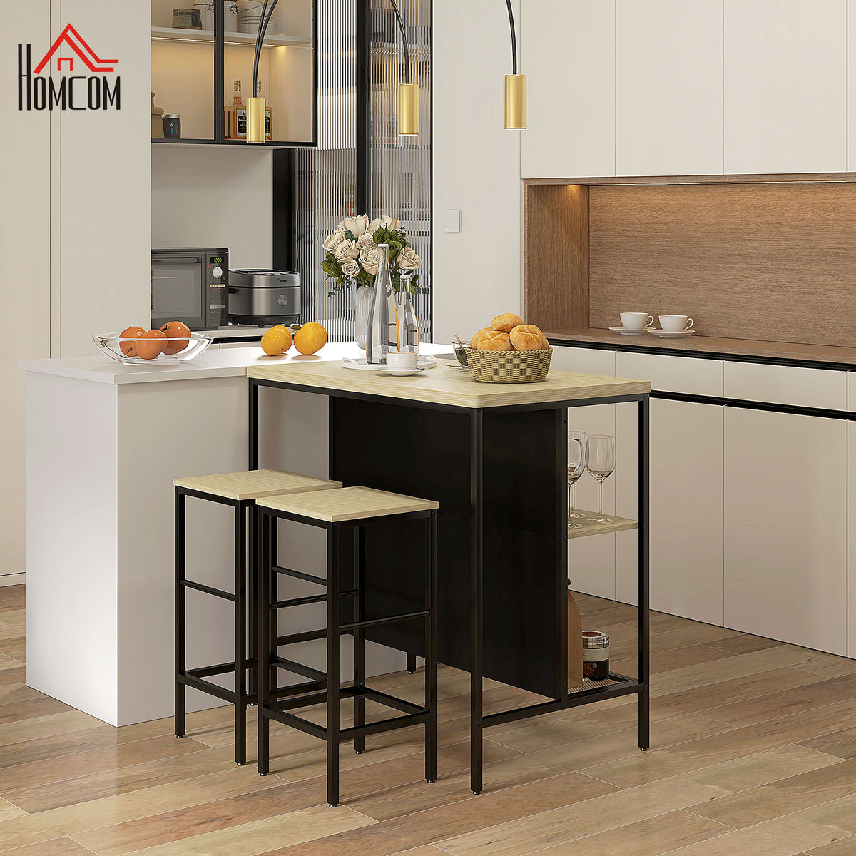 Barset, 2 barkrukken & 1 barstafel, vlekbestendig, stabiel, stalen frame, zwart/eiken (2)