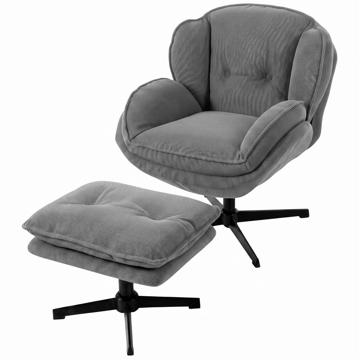 Fauteuil met verstelbare voetenbank, 360° draaibaar, chenille bekleding, dikke vulling, grijs