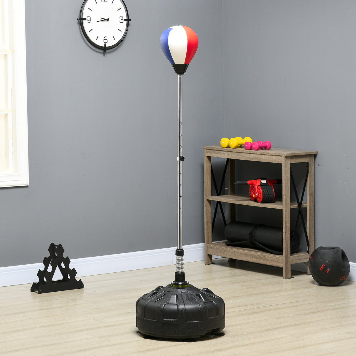 Punchingball, in hoogte verstelbaar 147-165 cm, vulbare voet, staal, zwart+rood+wit (2)