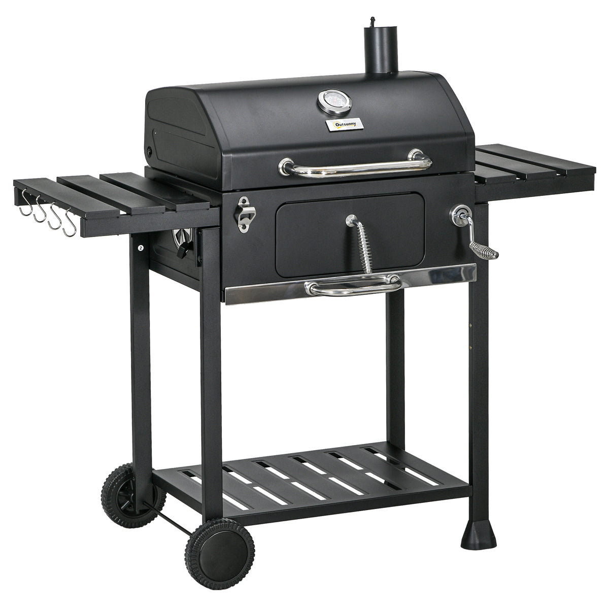 Houtskoolbarbecue BBQ-grill smoker, incl. thermometer, flesopener, 120 x 64 x 114 cm, zwart