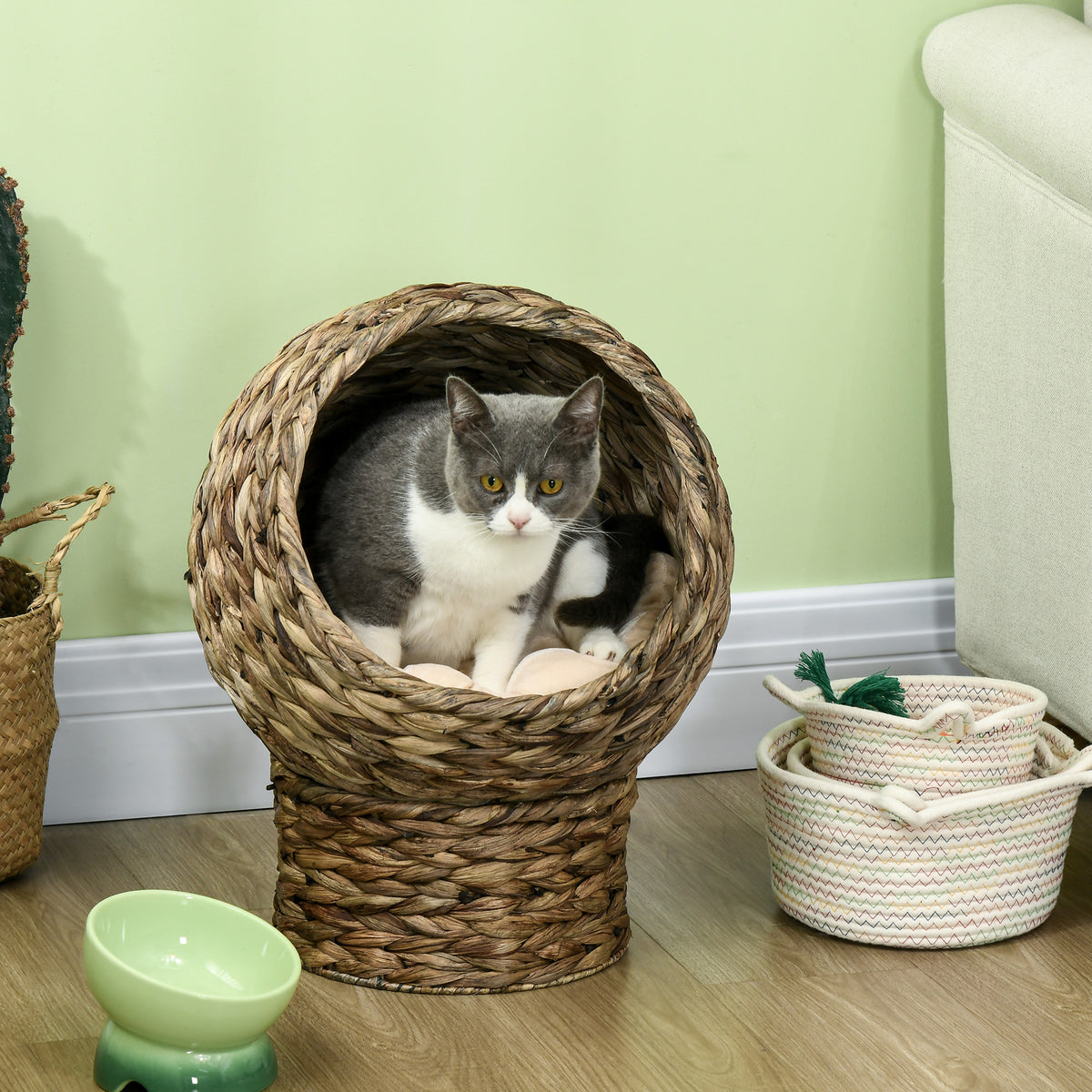 Rattan kattenmand kattenhol kattenhuis kattenbed met kussen huisdierbed waterhyacint koffie 40 x 37 x 51 cm (2)