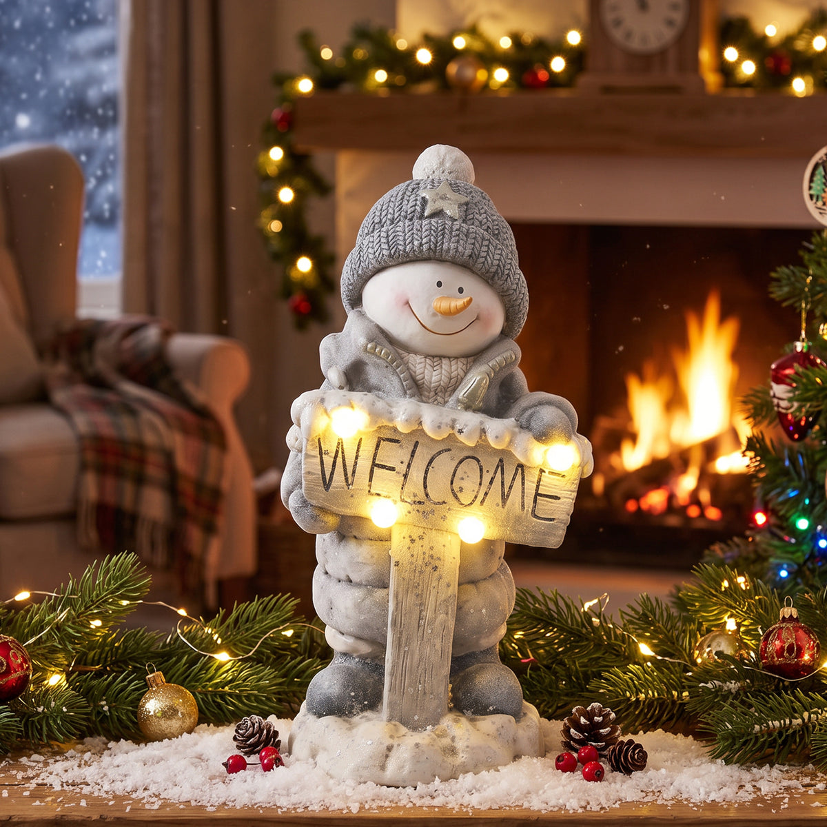 Kerstdecoratie sneeuwpopfiguur, verlicht kerstbeeld van MGO met Welcome-bord, leds en dagtimer (2)