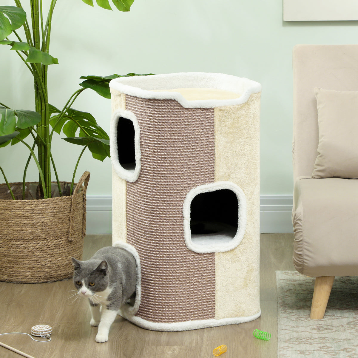Krabton voor katten, krabpaal, 3 niveaus, robuust, zacht pluche, schuilplaats, beige (2)