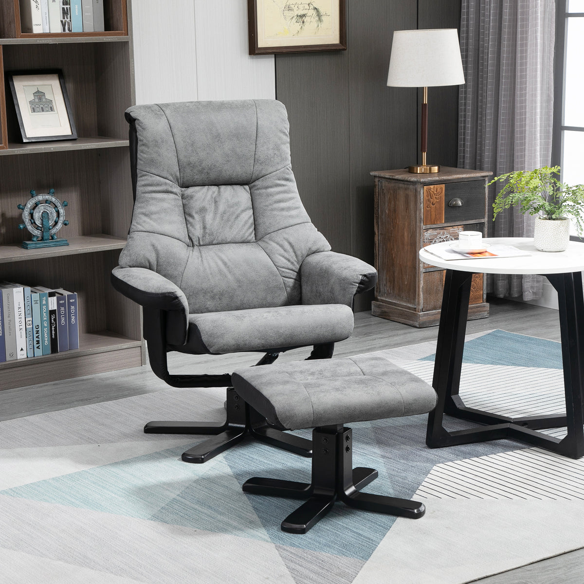 Relaxfauteuil met hocker, 360° draaibaar, 135° verstelbaar, ademende bekleding, 78 x 82,5 x 109 cm, grijs (2)