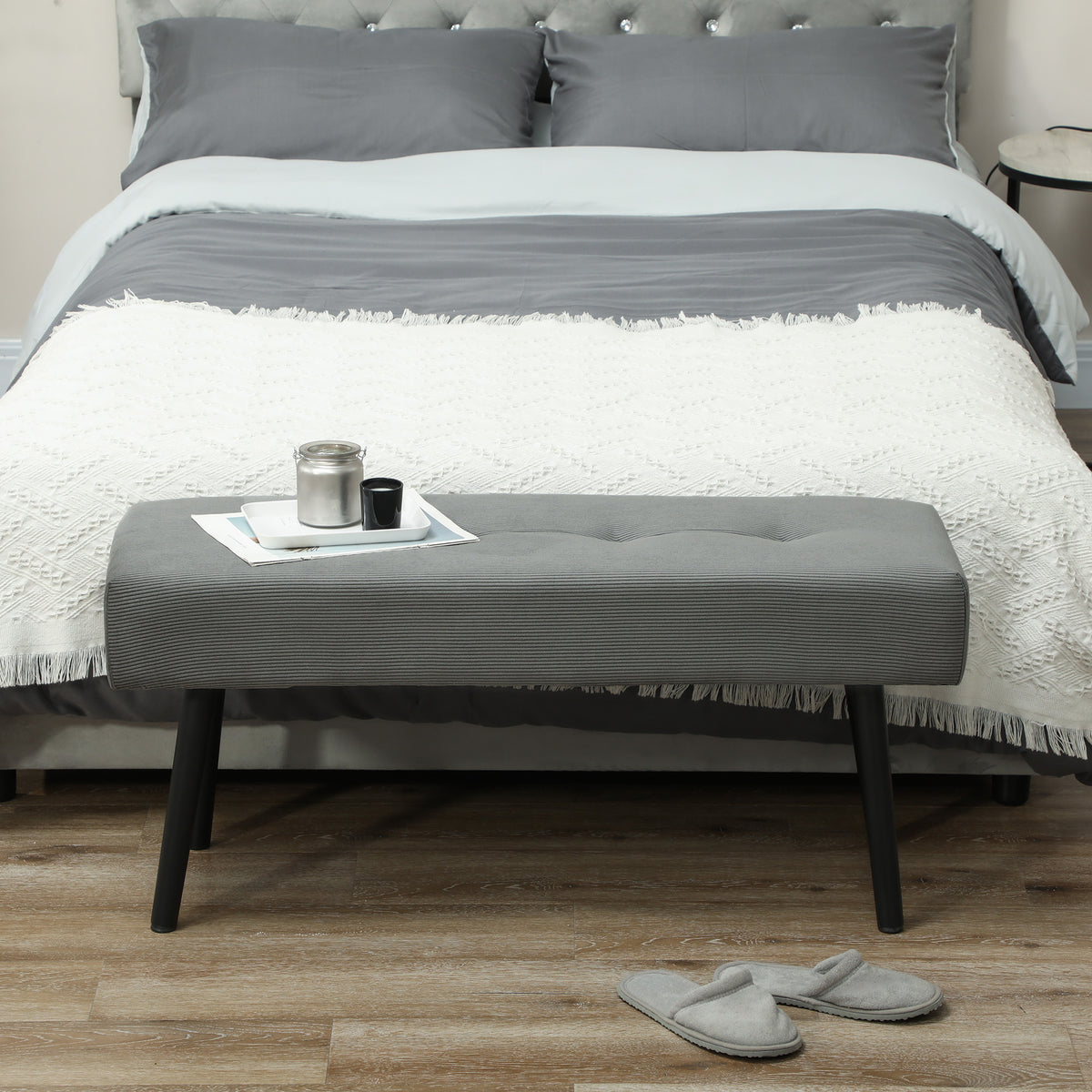 Gestoffeerde bank met corduroy bekleding, slaapbank met metalen poten, schoenenbank 100 x 36 x 45 cm grijs (7)