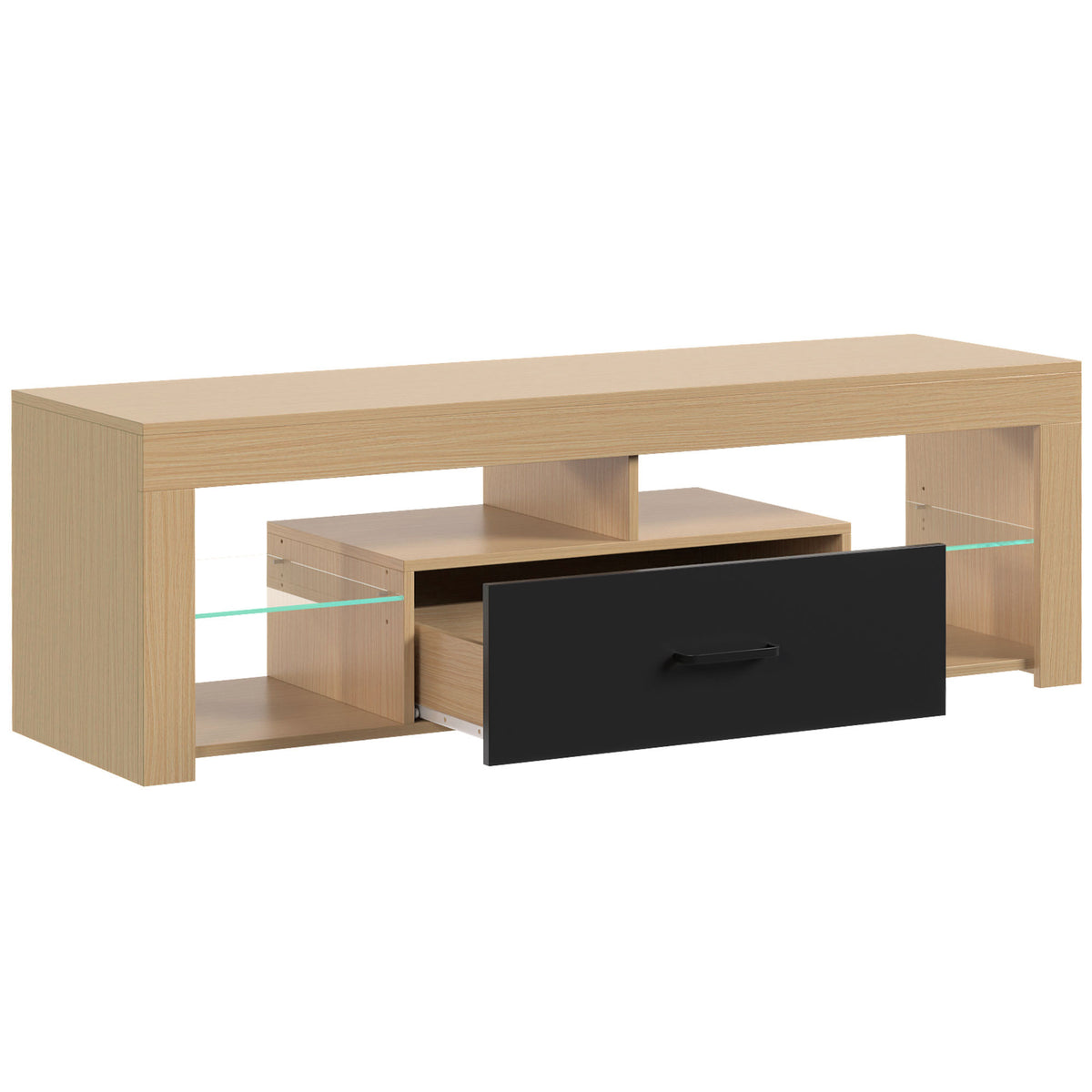 TV-meubel voor televisies tot 65 inch, modern tv-kastje met verstelbare glazen planken, eiken