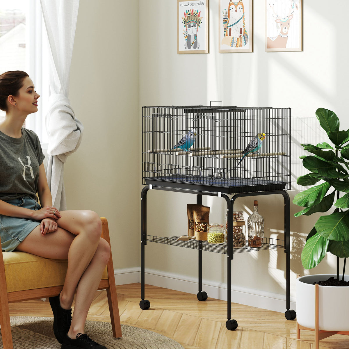 Vogelkooi, vogelvolière met wielen, 2 deuren, 4 zitstokken, opbergvak, metalen vogelhuis 76x46x116cm, zwart (2)
