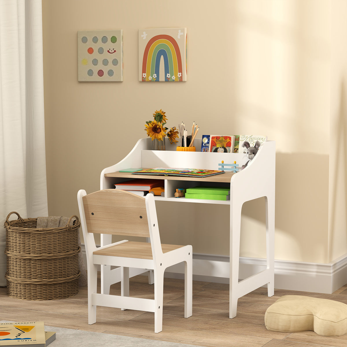 Kinderbureau-set met opbergruimte, open vakken, stoel, 3-8 jaar, hout (2)
