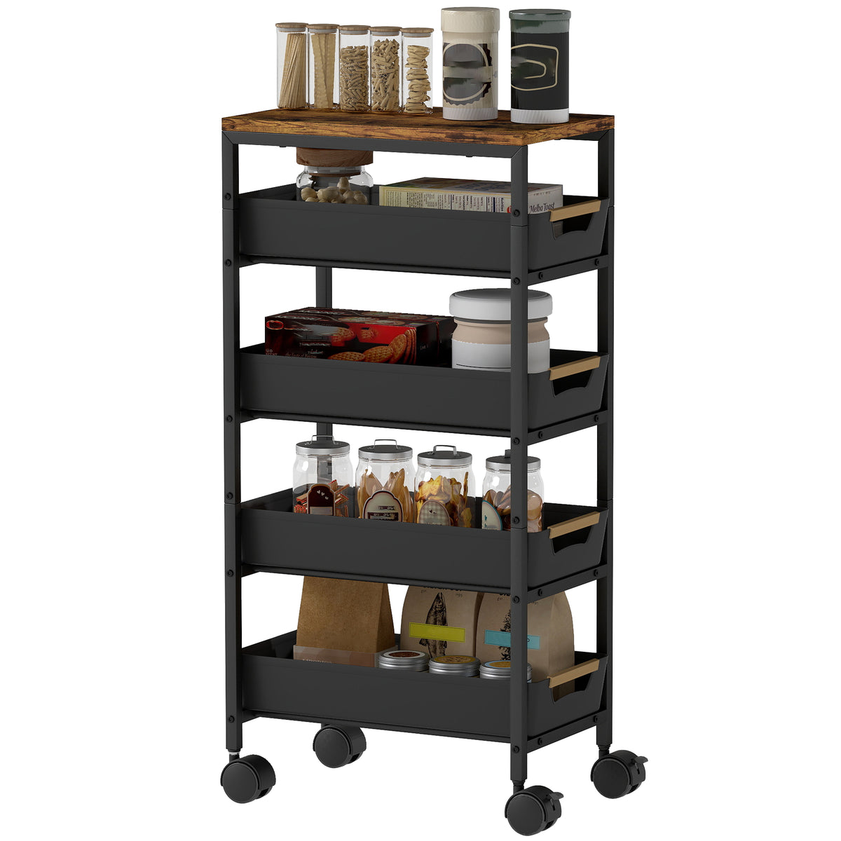 5-traps keukenwagen, houtlook, verrijdbaar, metalen frame, 4 lades, zwart (9)