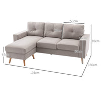 3-zits hoekbank, linnenlook, omkeerbare chaise longue, 193x136x85 cm, lichtgrijs (3)
