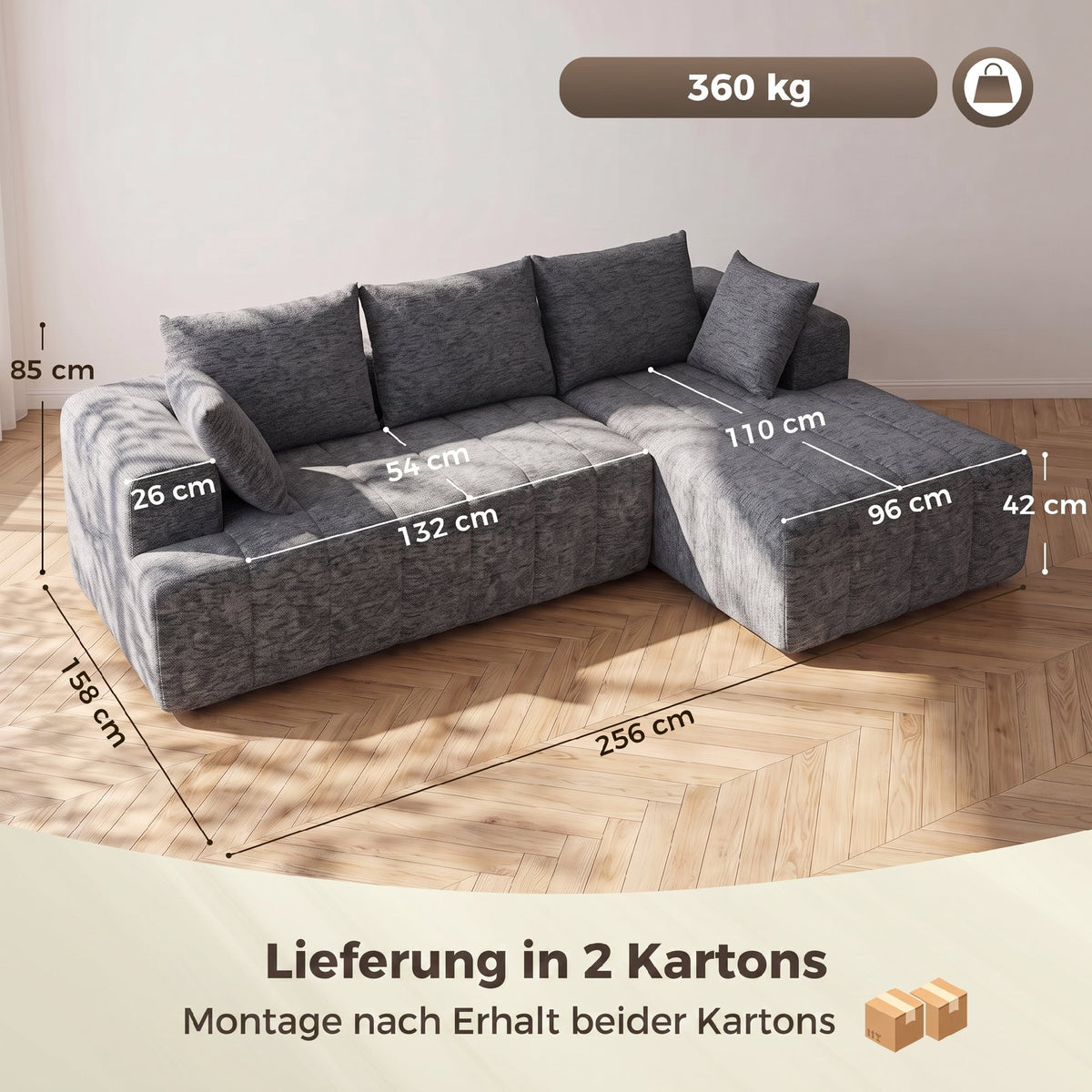 3-zits hoekbank in L-vorm met ottomane, converteerbare chenille-cloud-slaapbank met binnenveringbekleding, grijs (3)