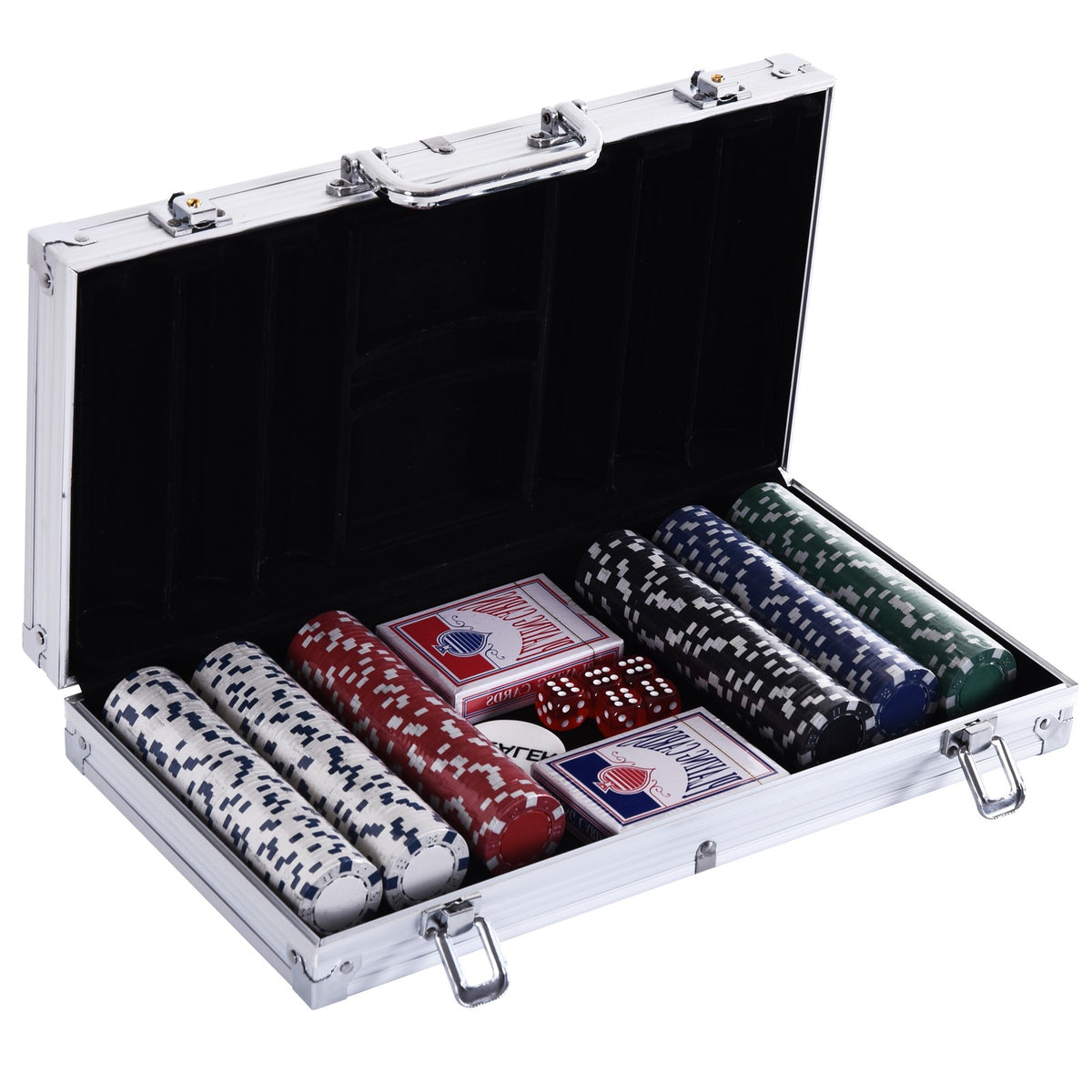 Afsluitbare pokerkoffer pokerset met koffer 300 fiches 5 dobbelstenen 2 kaartspellen accessoires, pokerset